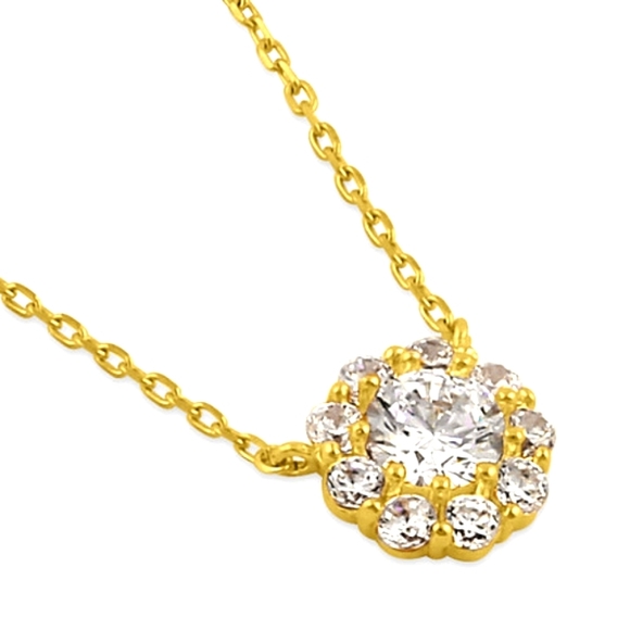 Solid 14K Gold Flower with Clear CZ Necklace - Picture 1 of 4